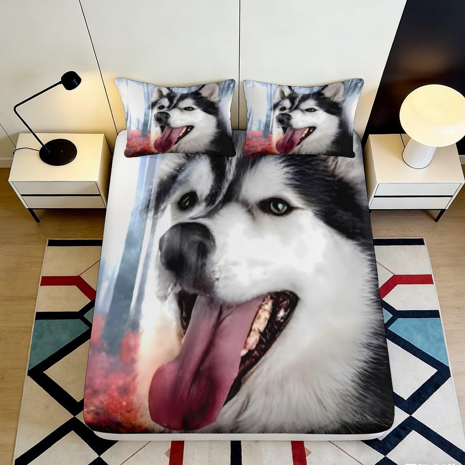 3D Printed Husky Dog Fitted Sheet Microfiber Soft Anti-Slip Forest Animal Bed Cover for Bedroom Dorm Mattress Decor 120x200x25cm