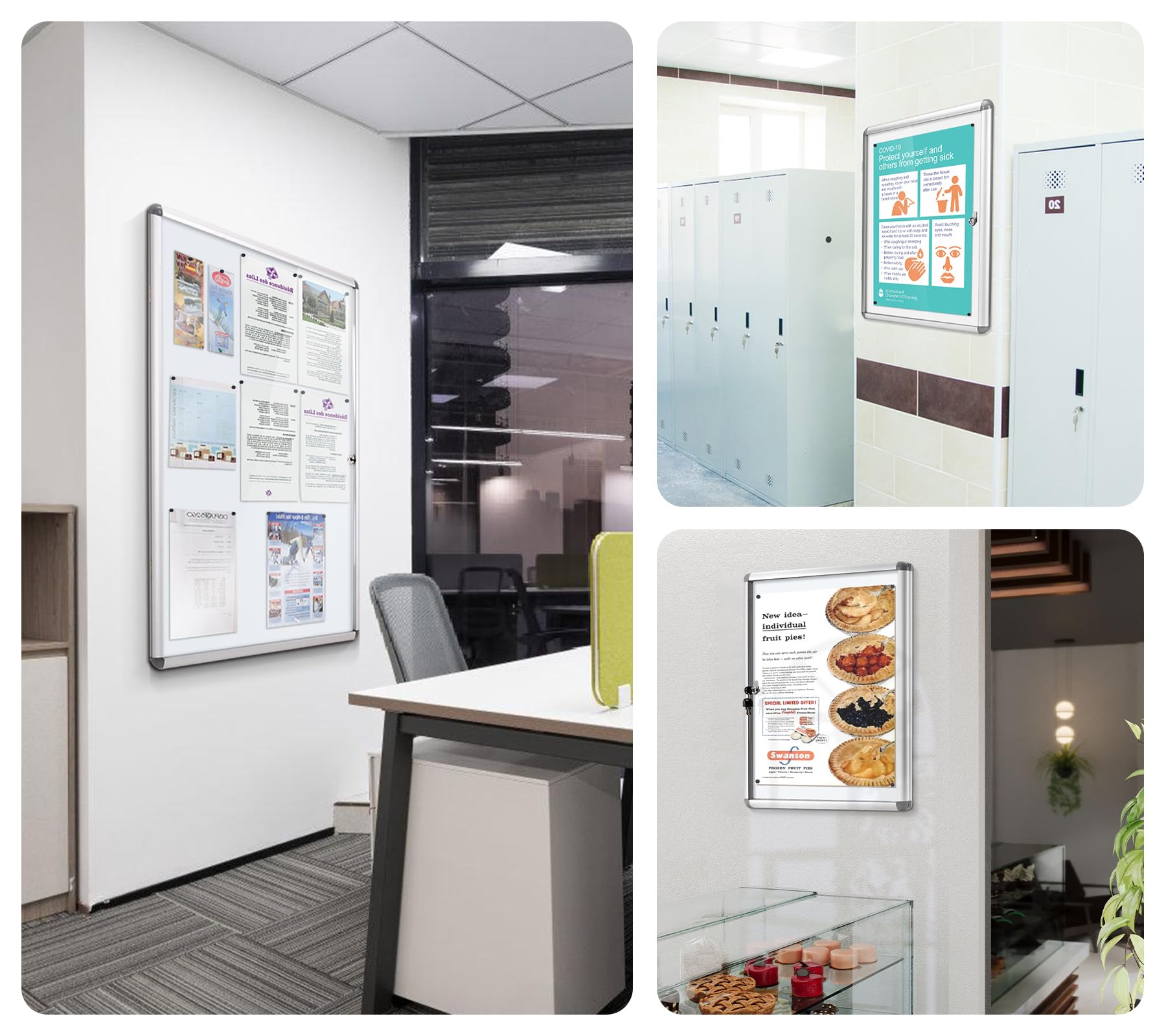 SWANCROWN Tableau affichage Mural, 4 x A4, Vitrine d’affichage avec serrure | Verrouillable, Intérieur, Magnétique, Dos du tableau blanc, Panneau d'affichage pour bureaux, restaurant, Magasin, 67x50cm
