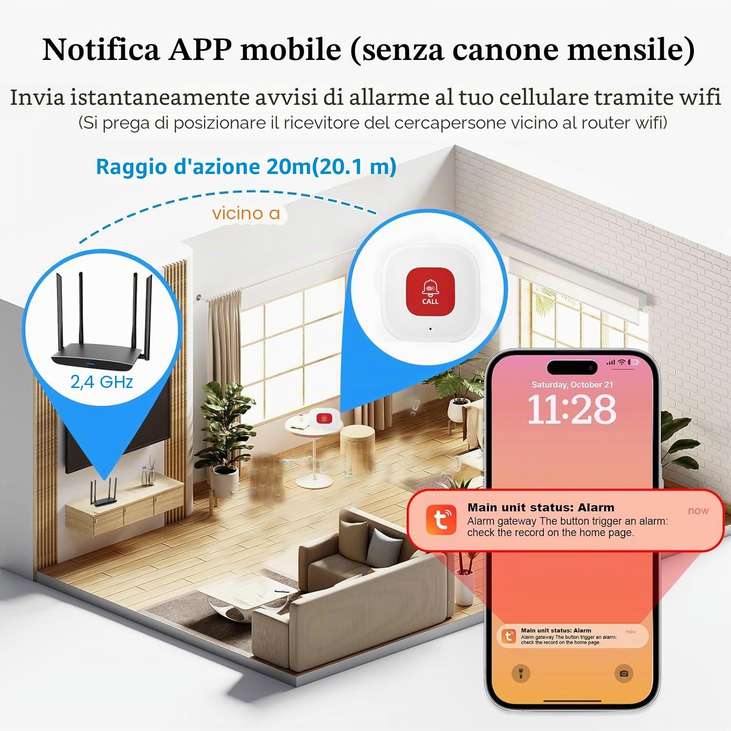 WiFi Pulsante Salvavita Anziani Sistema di Allarme di Emergenza per i Cittadini Anziani Pazienti Disabili Anziani (Supporto solo 2.4GHz Wi-Fi) (WiFi Pulsante (Non è necessario alcun ricevitore))