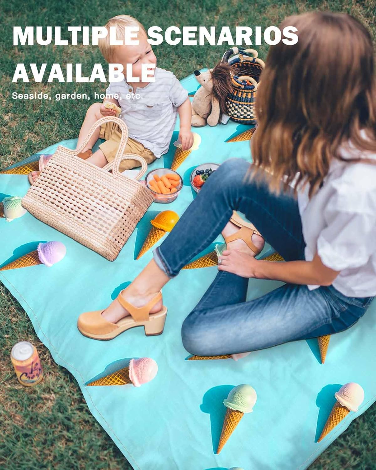 Summer Sweet Dessert on Mint Green Beach Blanket Waterproof Sandproof Outdoor Picnic Mat 108"x84" Seamless ICY Cream Lightweight Large Beach Blankets with 4 Stake & 4 Corner Pockets