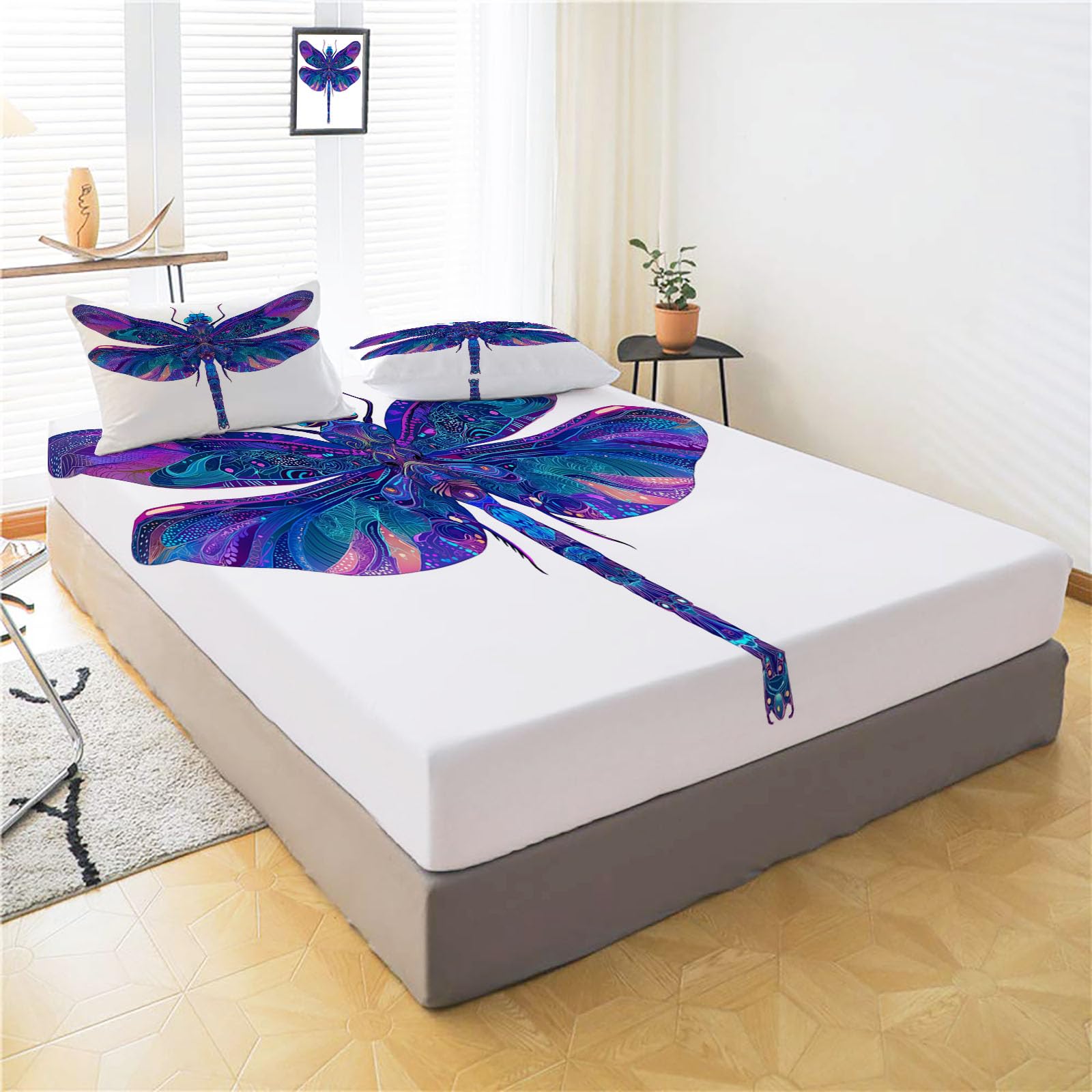 Sábanas 200X190/200Cm - Juego De Sábanas 3 Piezas Estampadas Libélula Mandrágora - Microfibra Suave Transpirable - Sábana Bajera Ajustable - Ropa De Cama Animales Psicodélicos (Azul Real)