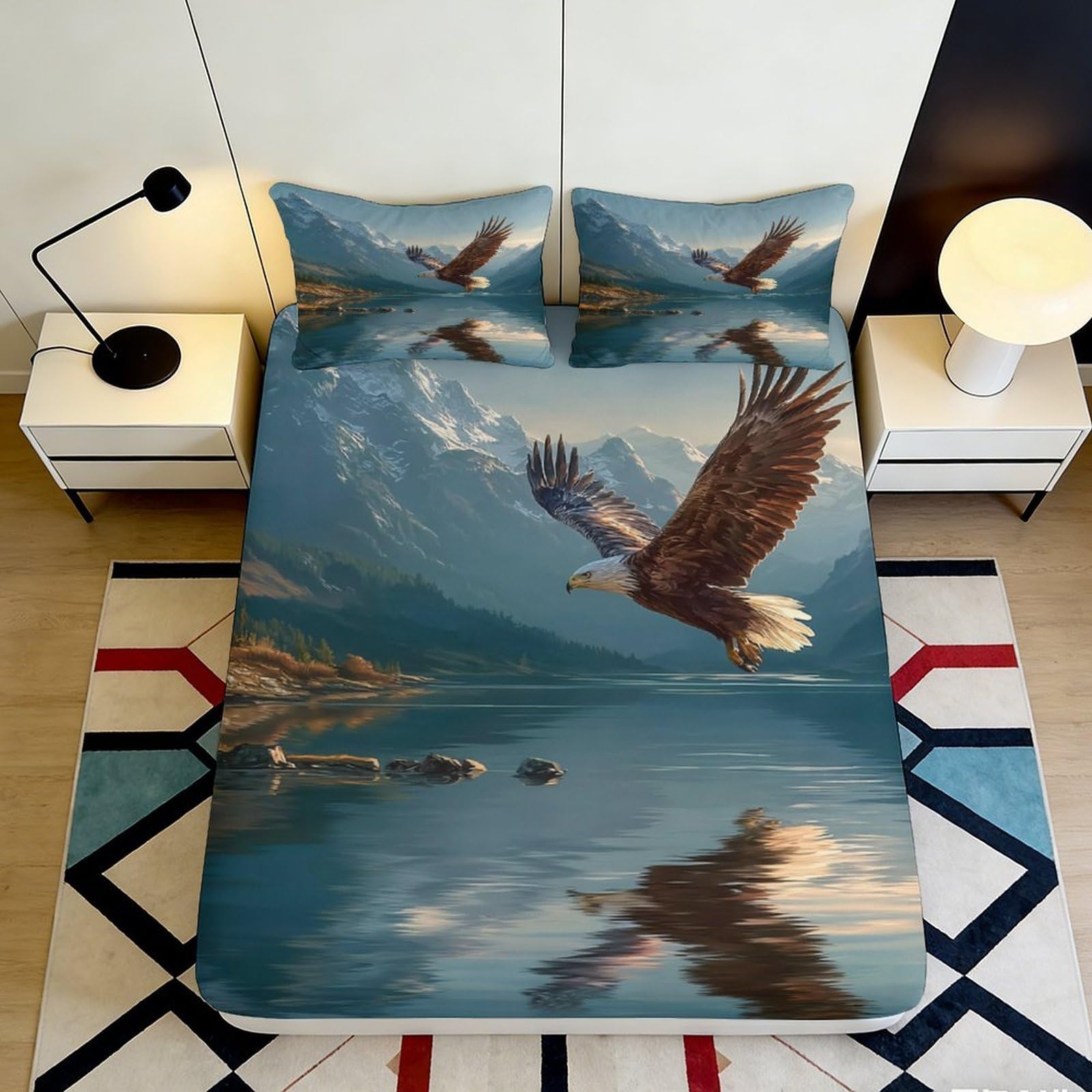 3D Printed Eagle Mountain Fitted Sheet Microfiber Soft Bird Lake Bed Cover for Bedroom Decor Dorm Guest Room 90x200x25cm