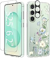 Vista 9 de GVIEWIN Funda protectora para Samsung Galaxy S25, transparente floral, delgada, a prueba de golpes, para mujer, no se pone amarilla, con protector
