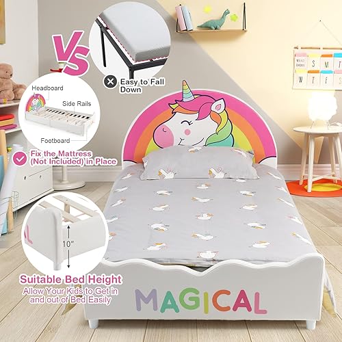Miniatura 22 de Costzon Base de cama individual para niños, plataforma de cama individual tapizada de madera con soporte de listones, cabecera y estribo acolchados