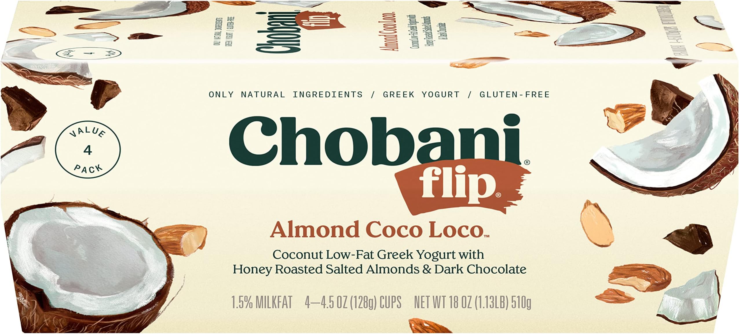 Flip Low-fat Greek Yogurt, Chocolate Almond Coco Loco 4.5oz, 4-pack