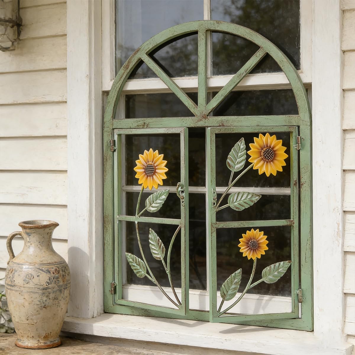 Rustikale Deko-Fenster mit Bogen zum Öffnen Stallfenster auf Platte Eisenfenster Scheunenfenster Wetterfest Fensterrahmen Fensterladen Fenster Attrappe Wanddekor für Gartendeko Grün S