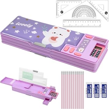 20Pcs School Supplies Stationery Set with Pop Up Multifunction Pencil Case, 4B Erasers, Rulers Set, HB Pencils, Essentials Stationary Set for Students Back to School Supplies, Purple