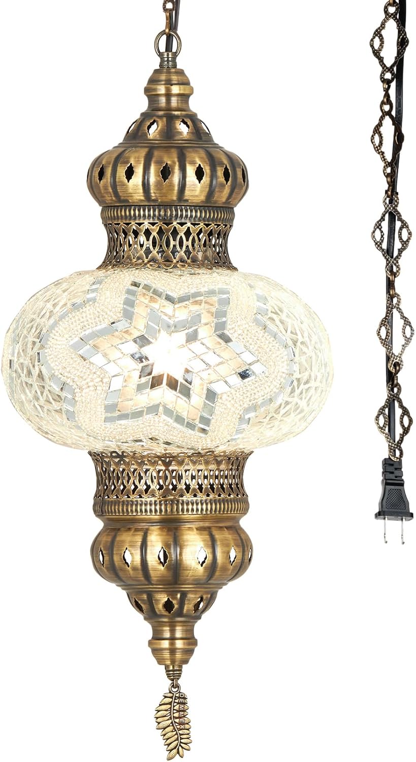 DEMMEX 10" Diameter XL Mosaic Globe Turkish Moroccan Hanging Pendant Lamp, Plug-in Ceiling Light with 15 ft Chain & Cord, 2.5 ft Hanging Height, No Wiring, Handmade (Multicolor)