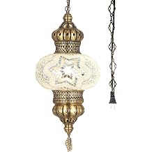 DEMMEX 10" Diameter XL Mosaic Globe Turkish Moroccan Hanging Pendant Lamp, Plug-in Ceiling Light with 15 ft Chain &amp; Cord, 2.5 ft Hanging Height, No Wiring, Handmade, White