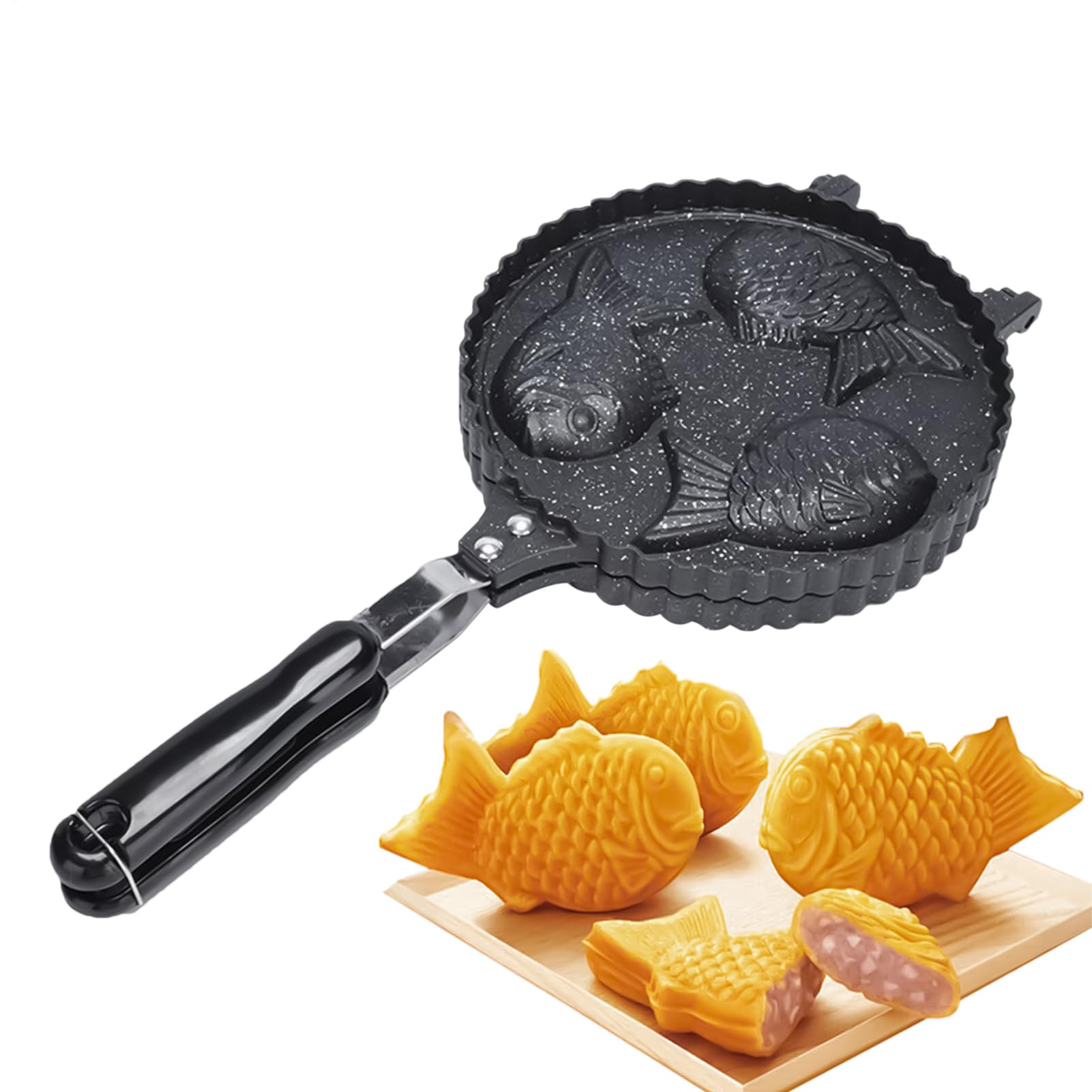 Macchina per waffle a forma di pesce, in alluminio antiaderente con manico lungo, per cucinare in cucina, robusta padella antiaderente per waffle, elettrodomestici per mercato notturno, colazione