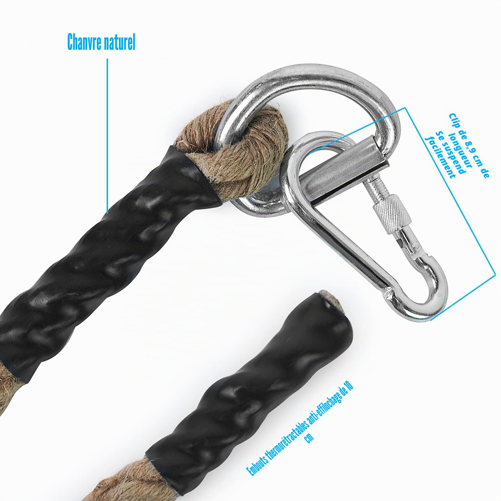 Aoneky Corde à Grimper avec Mousqueton 30mm/40mm/ 50mm - Corde en Jute pour l'Entraînement Musculaire, Gymnastique Adulte 3M /4M/ 5,5M/6M/ 7,5M/9M