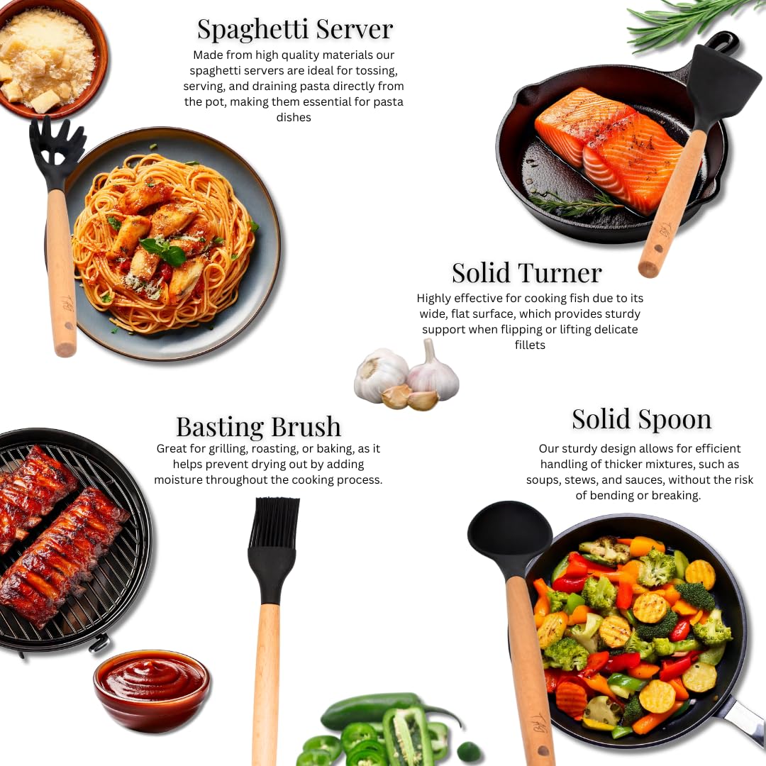 Juego de utensilios de cocina de 14 piezas, con asas de madera, incluye espátula, batidor, cuchara ranurada, resistente al calor con soporte para utensilios de cocina antiadherentes