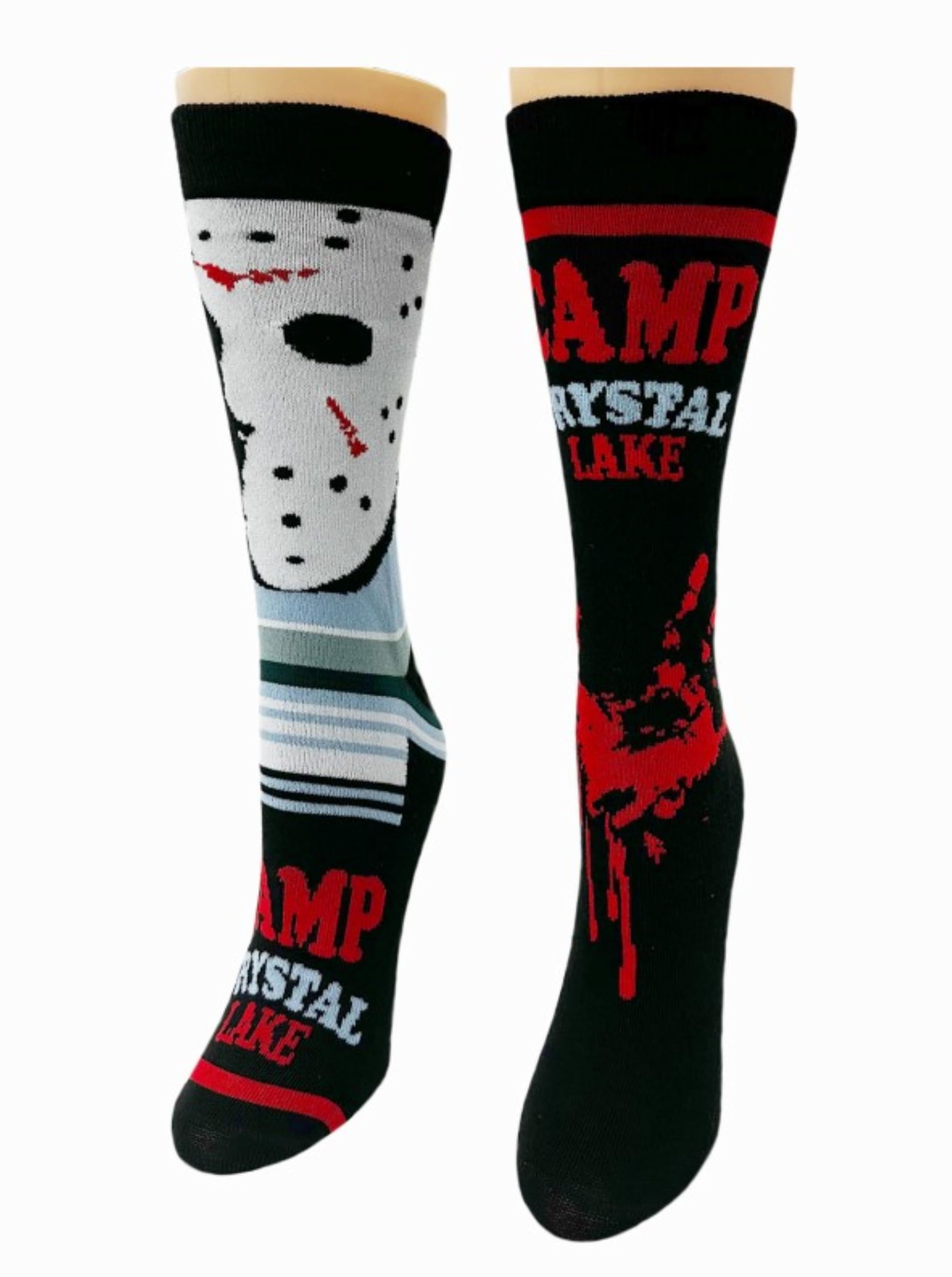 Warner Bros Friday the 13th Camp Crystal Lake (2) Pack Men's Dress Crew Socks. 2 Pair – Jason Mask & Bloody Handprint. Men’s Shoe Size 6-12 (TG11491)