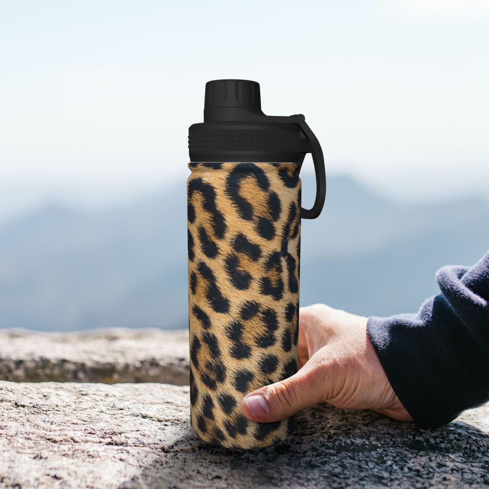 Borraccia termica in acciaio inox con stampa leopardata ruvida con manico, adatta per ciclismo, fitness