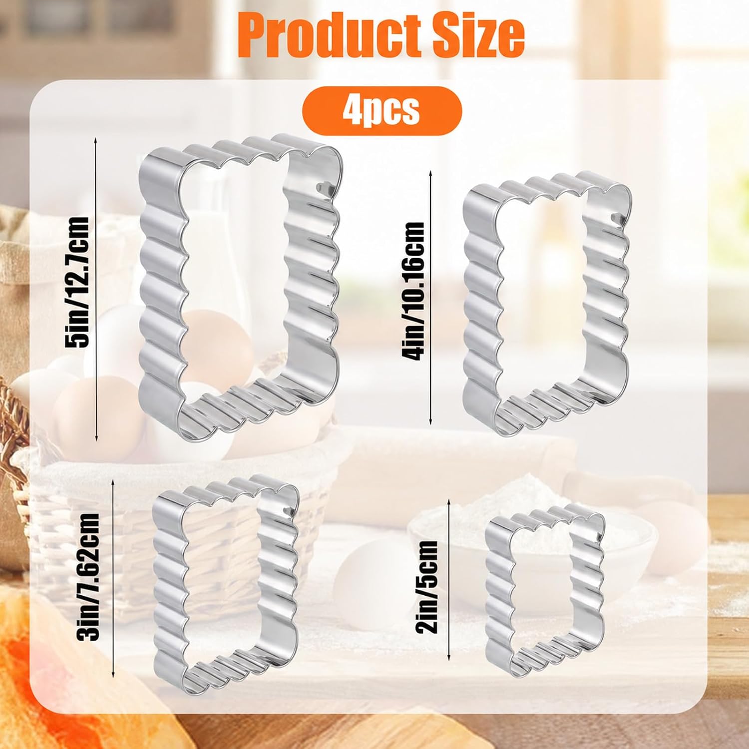 Scalloped Cookie Cutter Set, Assorted Sizes - 5 Inch, 4 Inch, 3 Inch, 2 Inch Fondant Molds, Rectangle Cookie Cutter Set with Scalloped Edge for Kitchen Baking, Stainless Steel