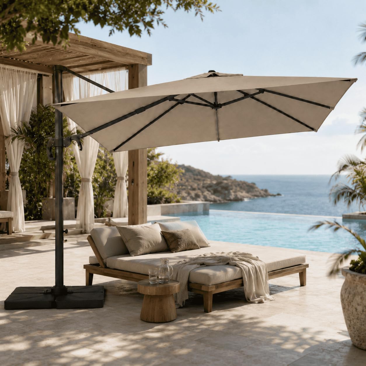 Ombrellone 3x3 M Giardino Braccio Retrattile Per Esterni Piscina Gazebo Terrazze Bar Hotel In Acciaio Inossidabile Braccio Rotabile 360° Telo 180 g/m2 Impermeabile Resistente Ai Raggi UV Tortora