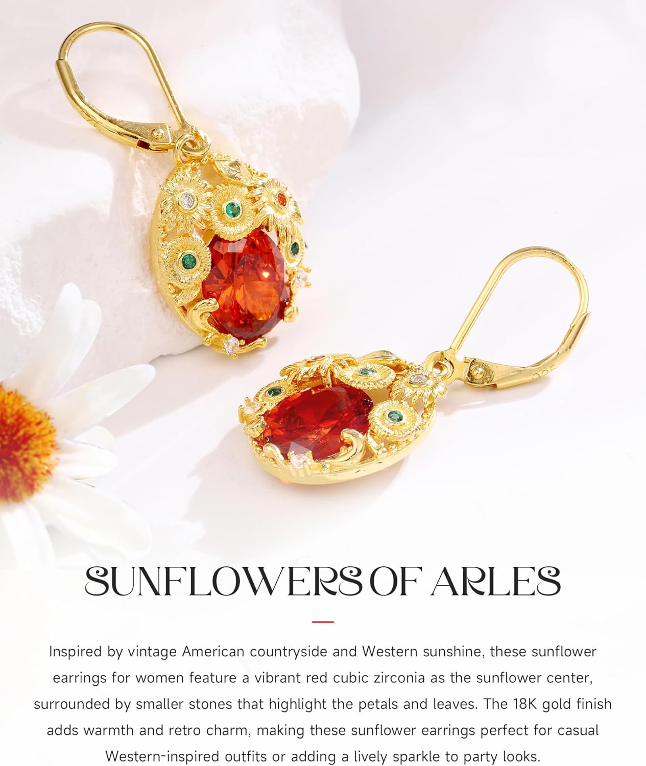Sunflower Gifts for Women Earrings Jewelry - 18K Gold Plated Sterling Silver Dangle Earrings with Red Cubic Zirconia | Luxury Gifts for Women for Birthday, Christmas & Women's Day