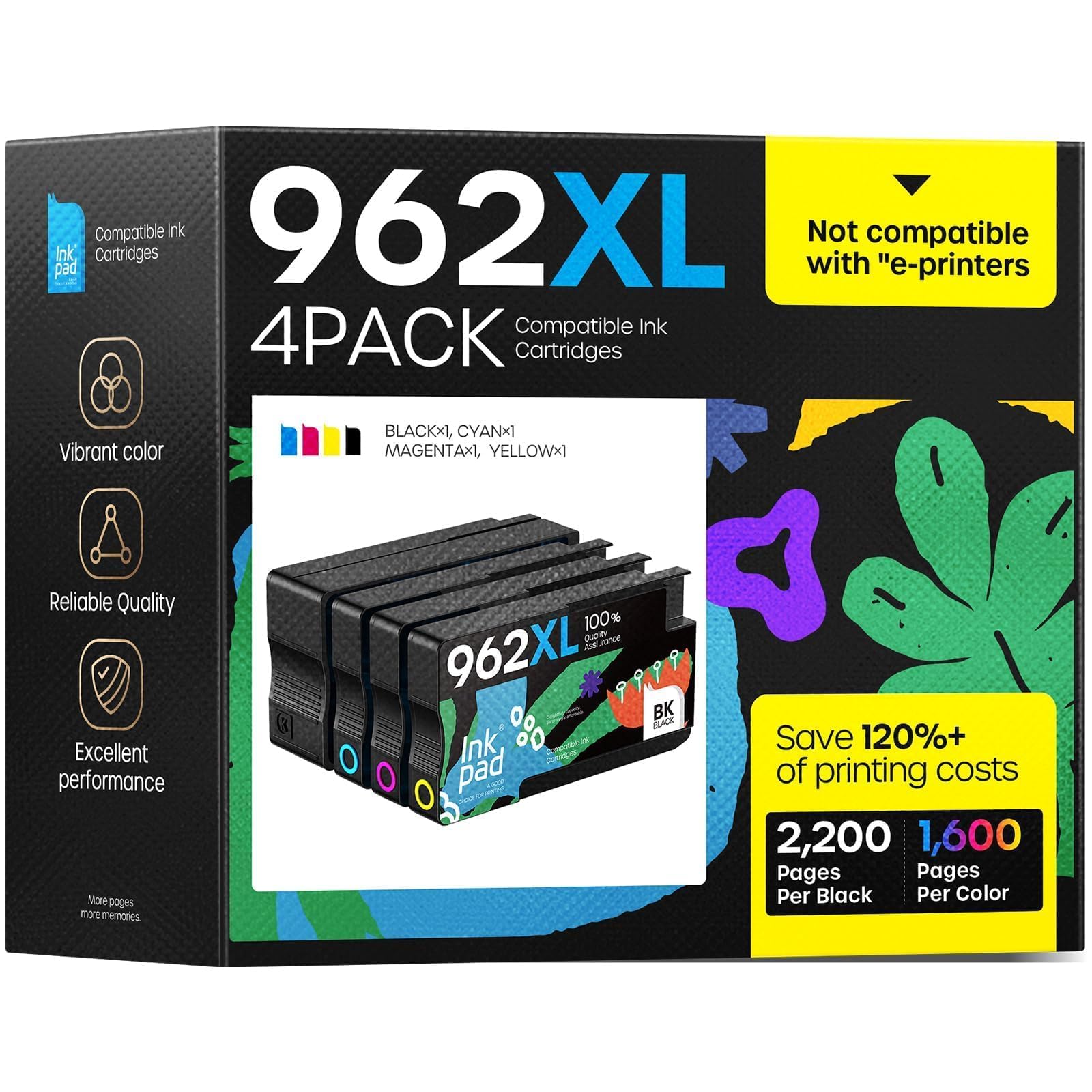 962xl 962 Ink Cartridges Compatible for HP OfficeJet Pro 9015 9018 9010 9020 Series Printer, 962 XL High Yield Ink Cartridge Combo Pack 4 Pack, No e Series Printer (Black, Cyan, Magenta, Yellow)