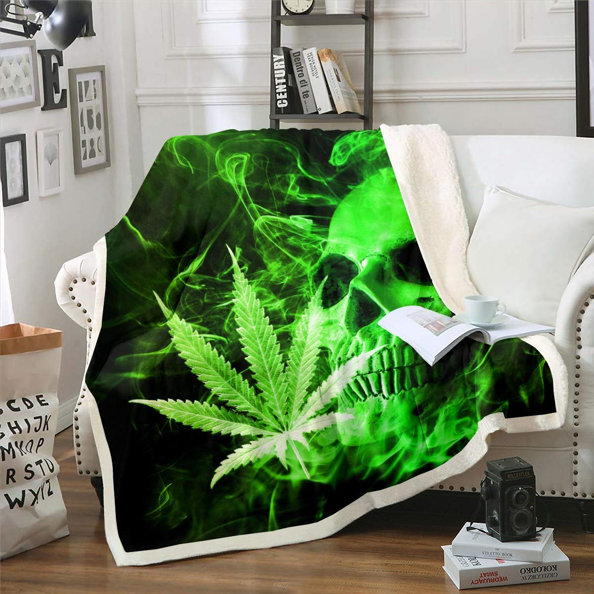 Homemissing Marijuana Weed Leaf Skull Sherpa Blanket Cannabis Bones Fleece Throw Blanket Kids Boys Girls Bright Green Smog Comforter Cover Hemp Skeleton Fuzzy Blanket for Sofa Bed,Double 60x79 Inch — image 1