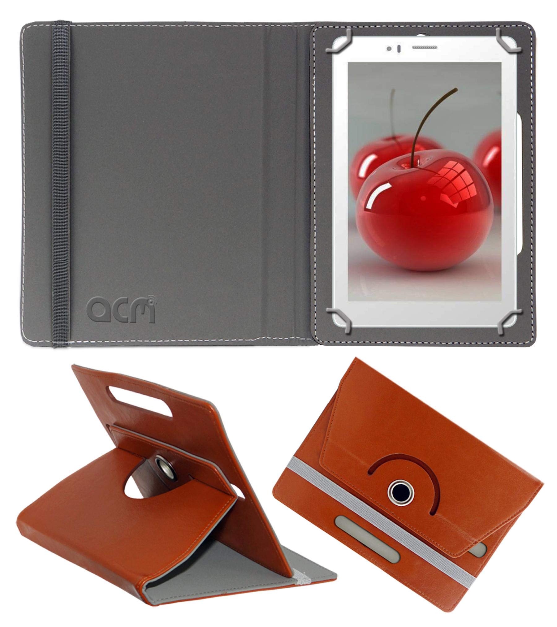 Acm Rotating Leather Flip Case Compatible with Micromax Canvas Tabby Tablet Cover Stand Brown