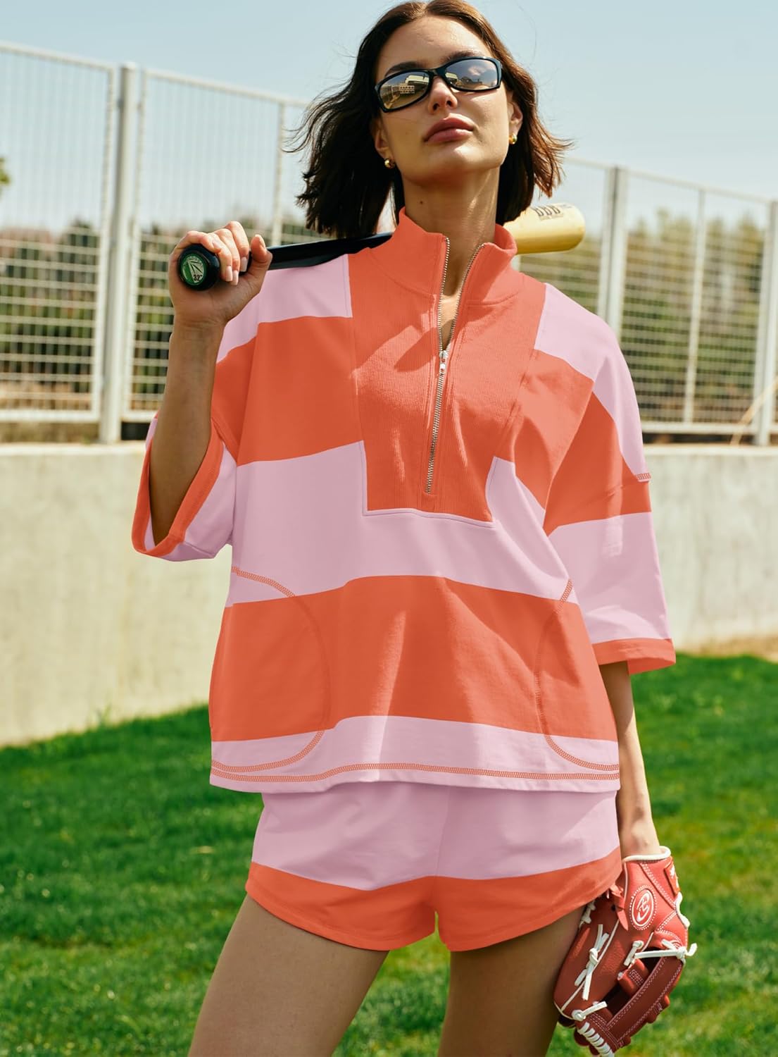 Yanekop Womens 2 Piece Outfits Summer Striped Lounge Set Two Piece Matching Workout Sets Oversized Short Sets Tracksuits - Image 4