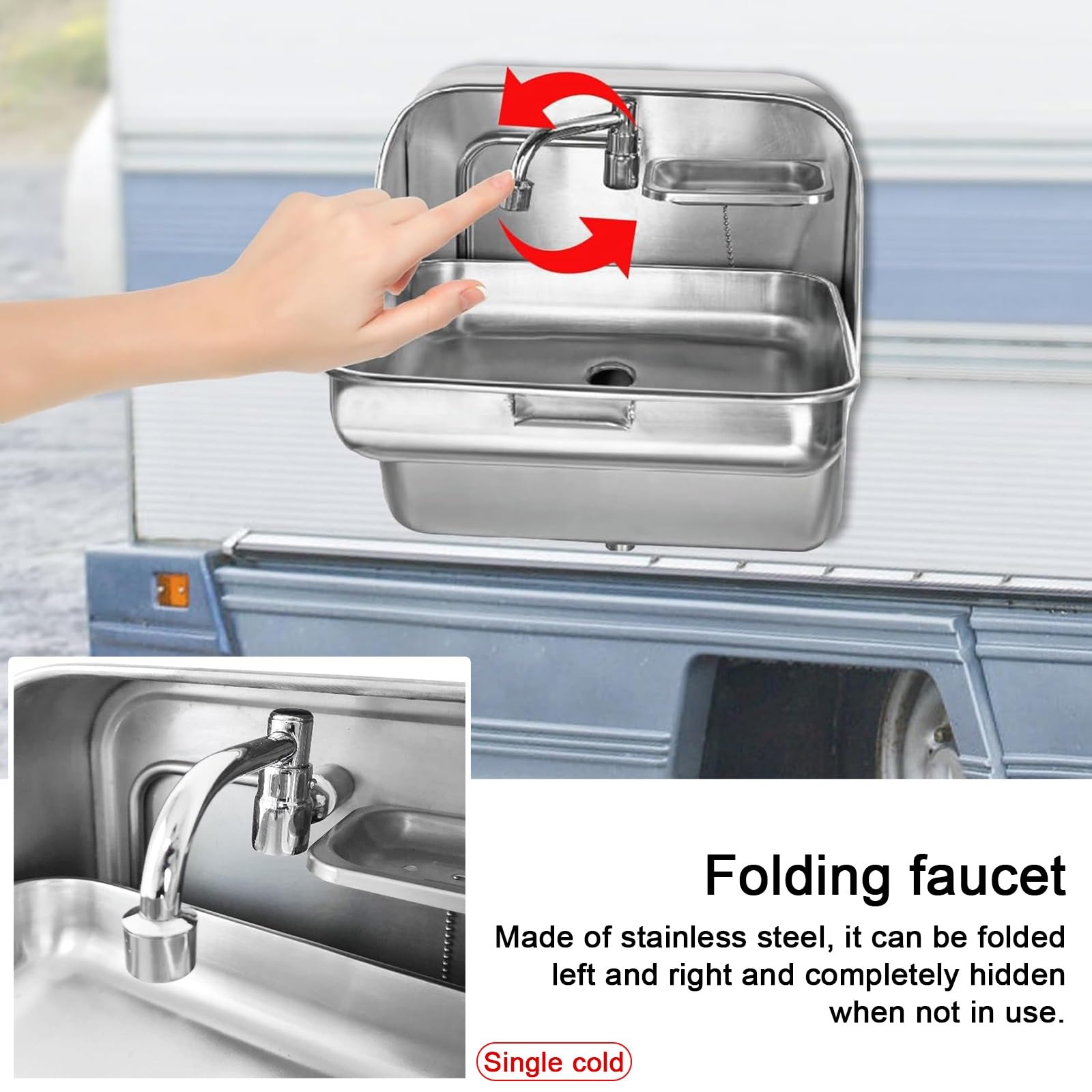 Fregadero Camper, Fregadero de Cocina, Jabonera, Grifo de Agua Fría, Acero Inoxidable 304, Montaje en Pared, Lavamanos(Black)