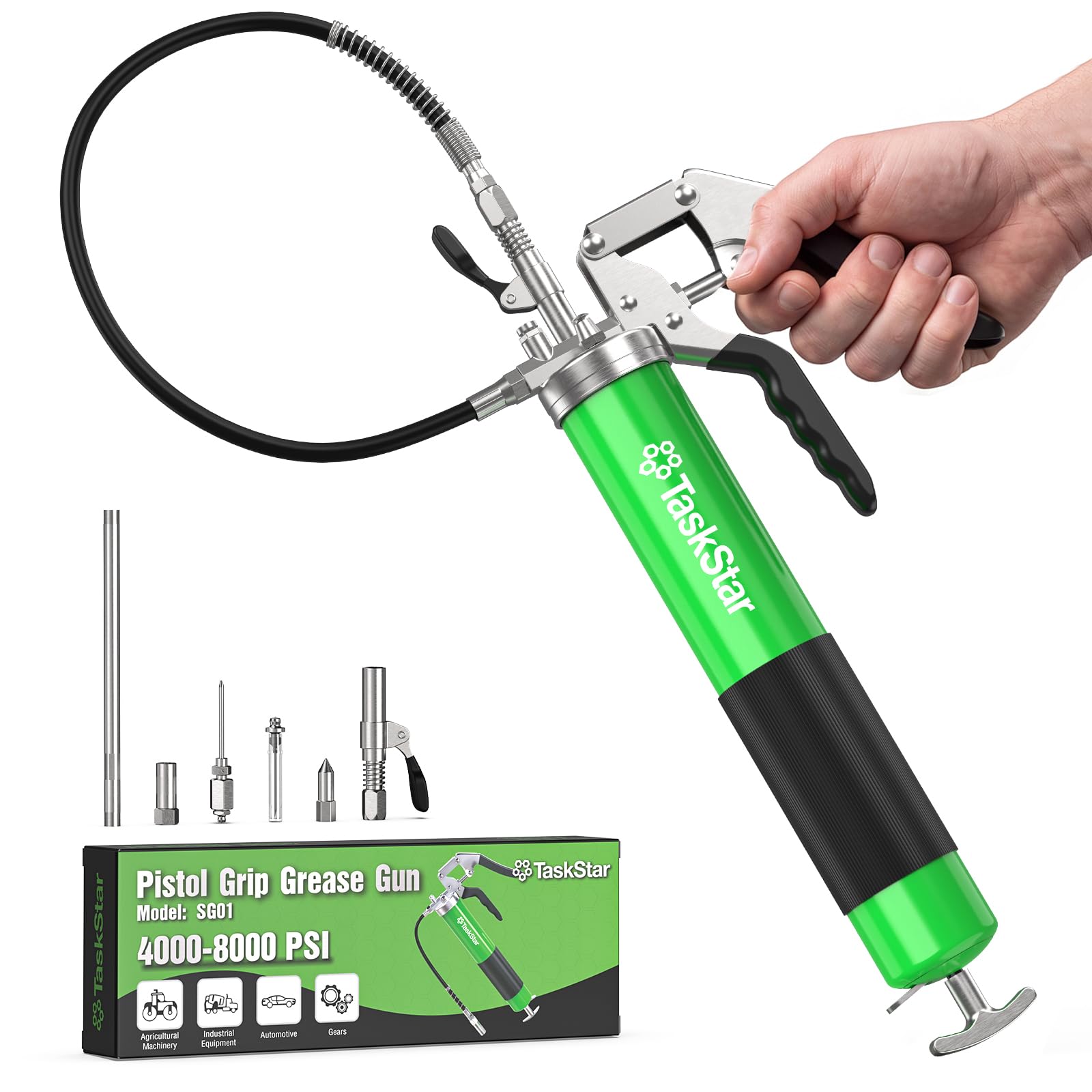 TaskStar Ingrassatore Manuale 8000 PSI, Tubo Flessibile 45cm, 5 raccordi | Capacità 400cc, Raccordo a sgancio rapido, Compatibile Cartucce e Grasso Sfuso, per Auto, Macchinari Agricoli e Officina