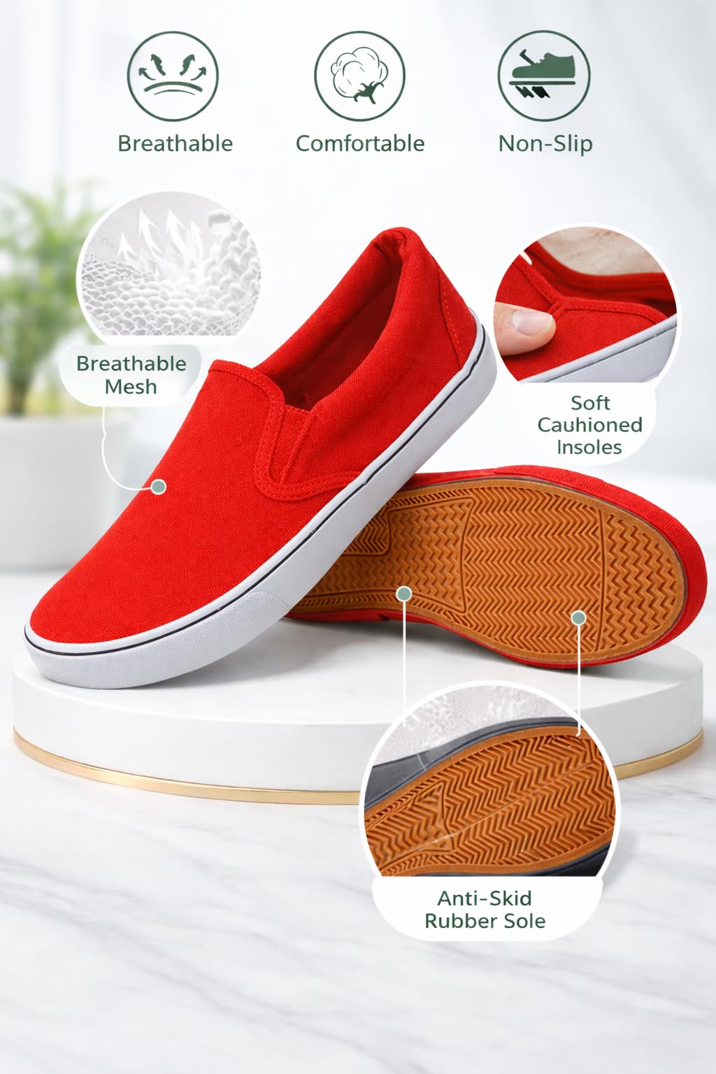 Emma Shoes Low-Top Slip Ons Women's Fashion Sneakers Casual Canvas Sneakers for Women Comfortable Flats Breathable Padded Insole Slip on Sneakers Women Low Slip on Shoes, Red, 8