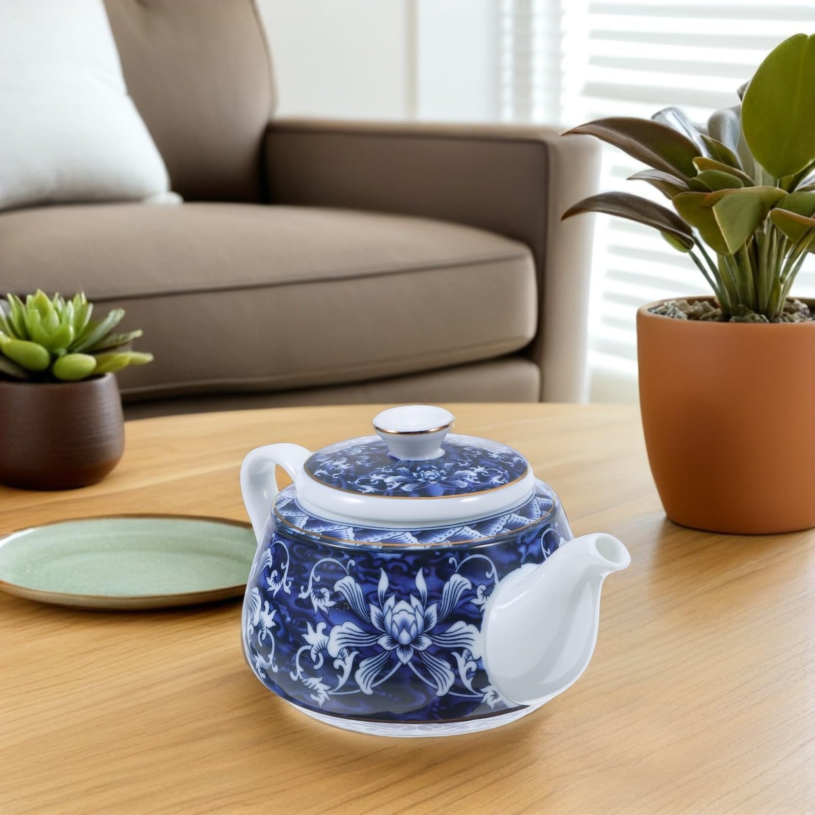 Tetera de Cerámica Azul Estilo Chino para Té, con Asa y Filtro