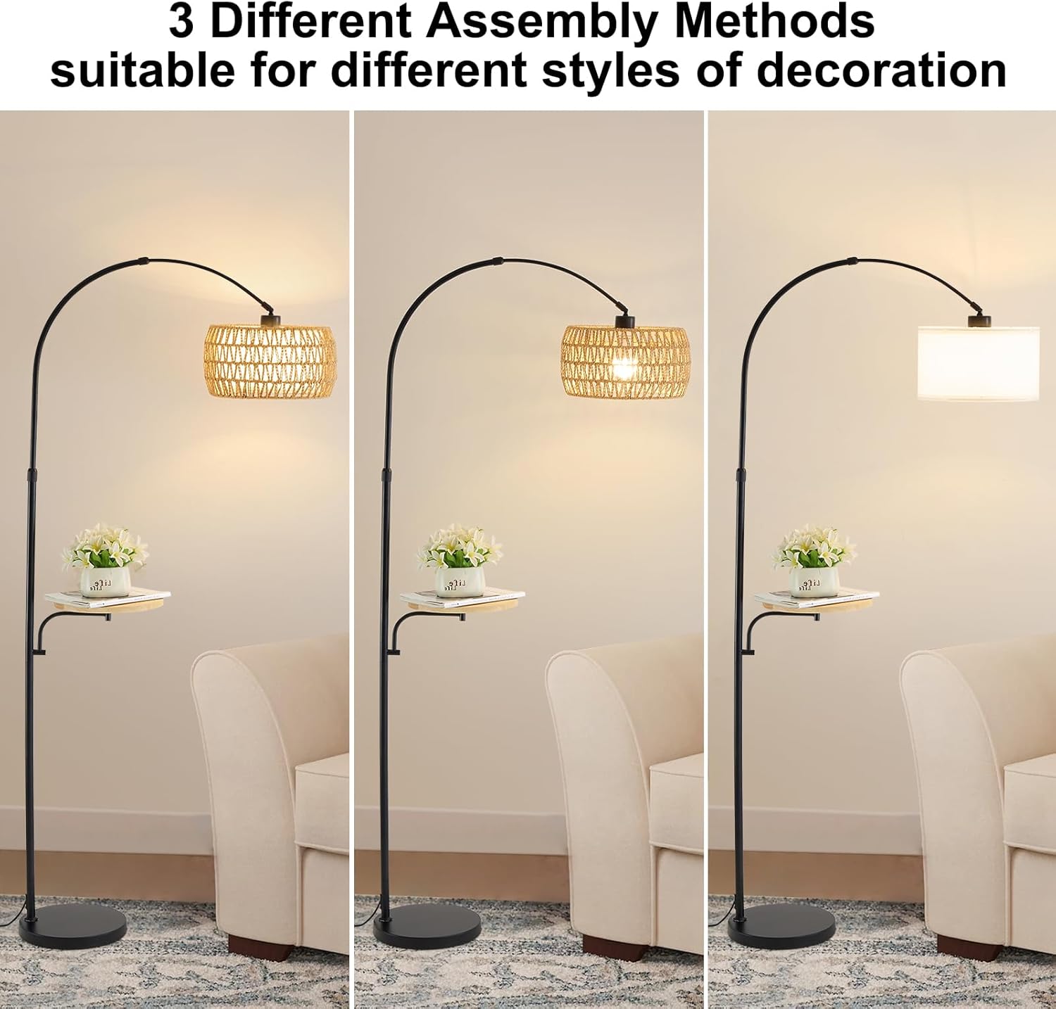 Arc Black Boho Floor Lamp with Table, Rattan Rustic Floor Lamps with Shelves and Remote & Dimmable 3 Color Temperatures LED Bulb, Tall Farmhouse Standing Lamp for Living Room Bedroom Corner