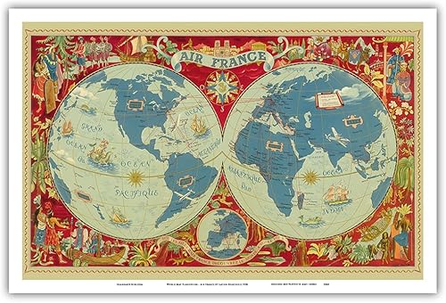 Mapa del mundo Planisferio - Francia - Póster vintage de viaje por Lucien Boucher c.1950 - Impresión artística maestra (sin marco) 12 x 18 pulgadas