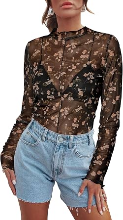 Womens Sheer Floral Long Sleeve Layering Top Ruffled Mock Neck Sheer Blouse for Casual Brunch Party Club Night Date Outfits