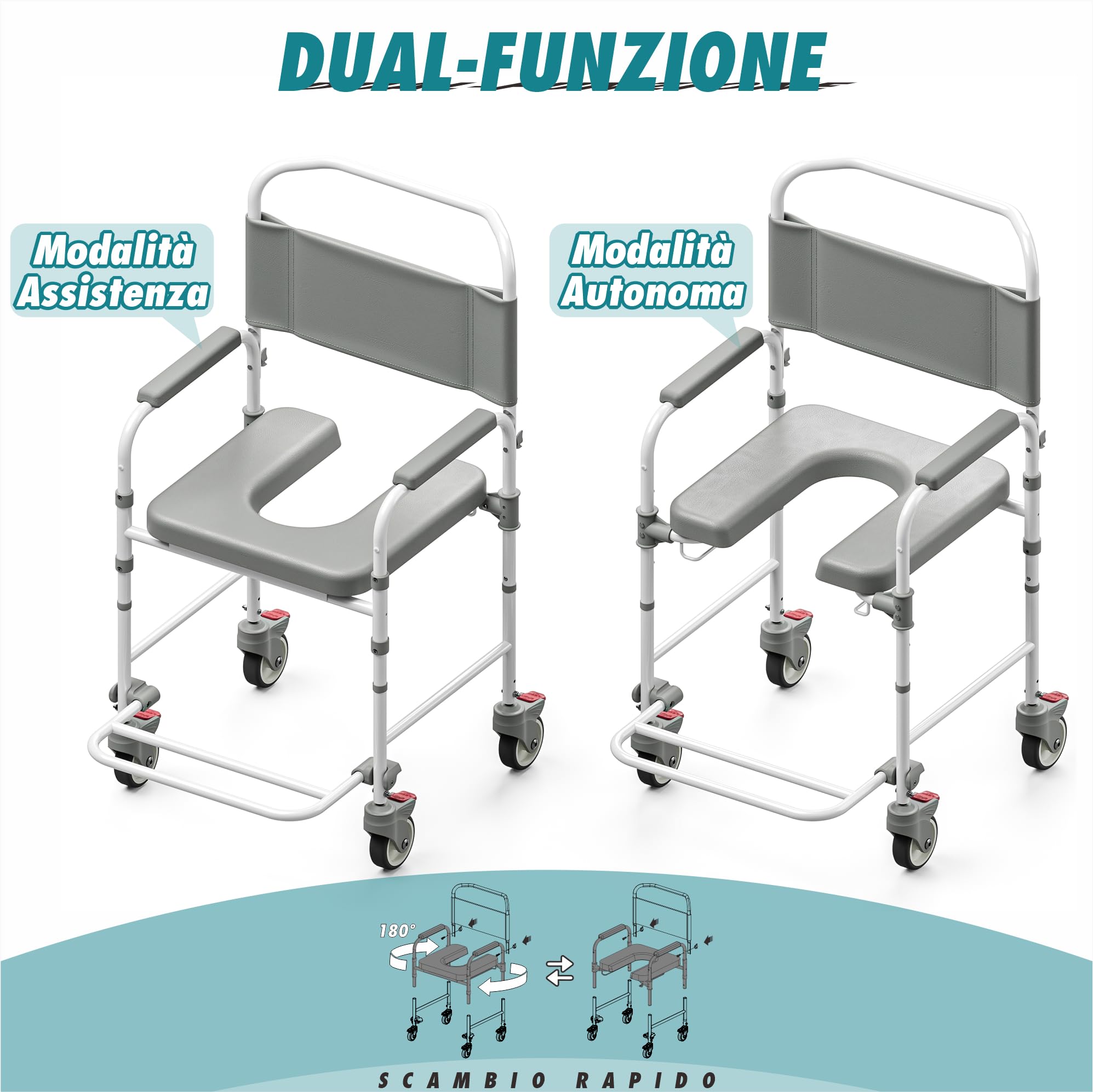 Sedia da comoda con ruote per anziani, sedia da doccia con portata di 120 kg, wc portatile con secchio per disabili e anziani