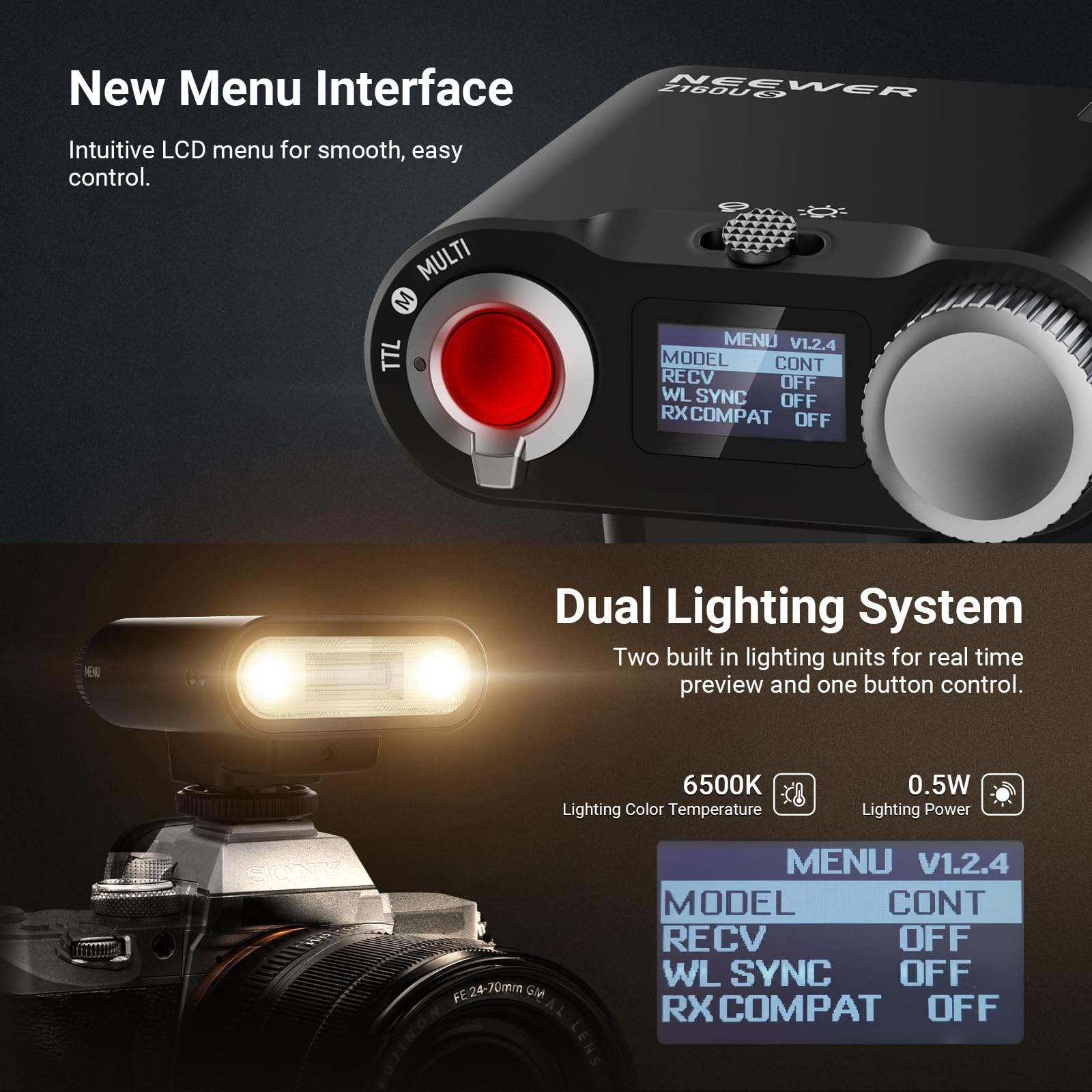 NEEWER Z160U-S lampa błyskowa Speedlite kompatybilna z Sony, kompatybilna z Godox, 18Ws GN14 6000K TTL 1/8000 HSS lampa błyskowa z USB C 1100 mAh bateria 1,4 s recykling 1100 błysków pełnej mocy