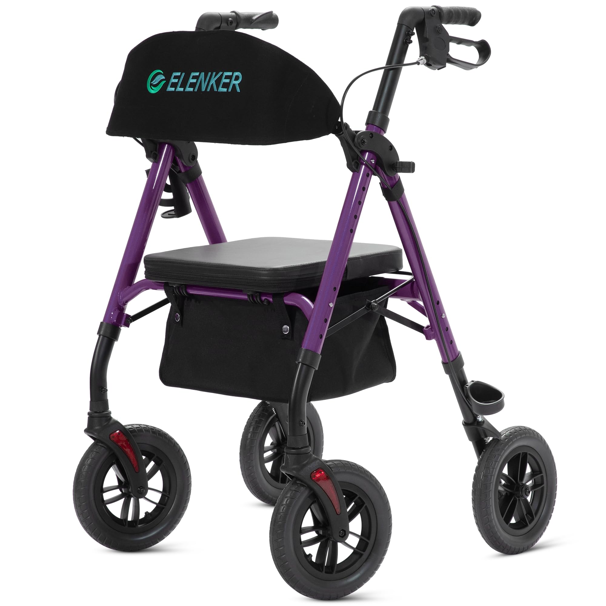 ELENKER All-Terrain Rollator Walker with 10â€? Non-Pneumatic Wheels, Sponge Padded Seat and Backrest, Fully Adjustment Frame for Seniors, Purple