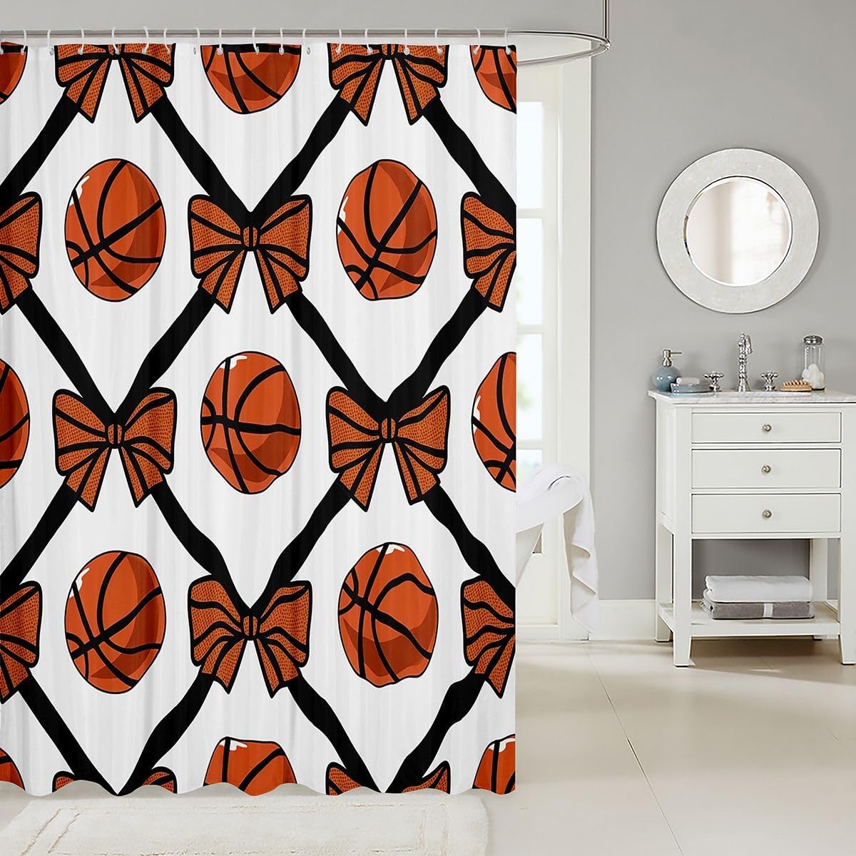 Erosebridal Basketball Shower Curtain Set Coquette Aesthetic Bow Bath Curtain 72" Wx78 L,Ball Sports Diamond Lattice Design Geometric Checkered Plaid Bathroom Accessories image 2