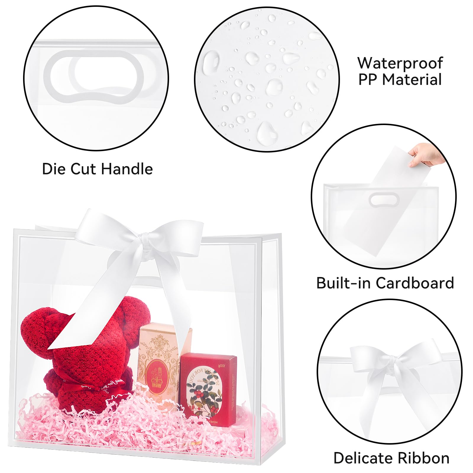 Ohuimrt 12 Pack Clear Plastic Gift Bags with Handles, Reusable Party Favor Bags with Ribbon for Wedding, Bachelorette Party, 12 x 10 x 5 Inch (White)