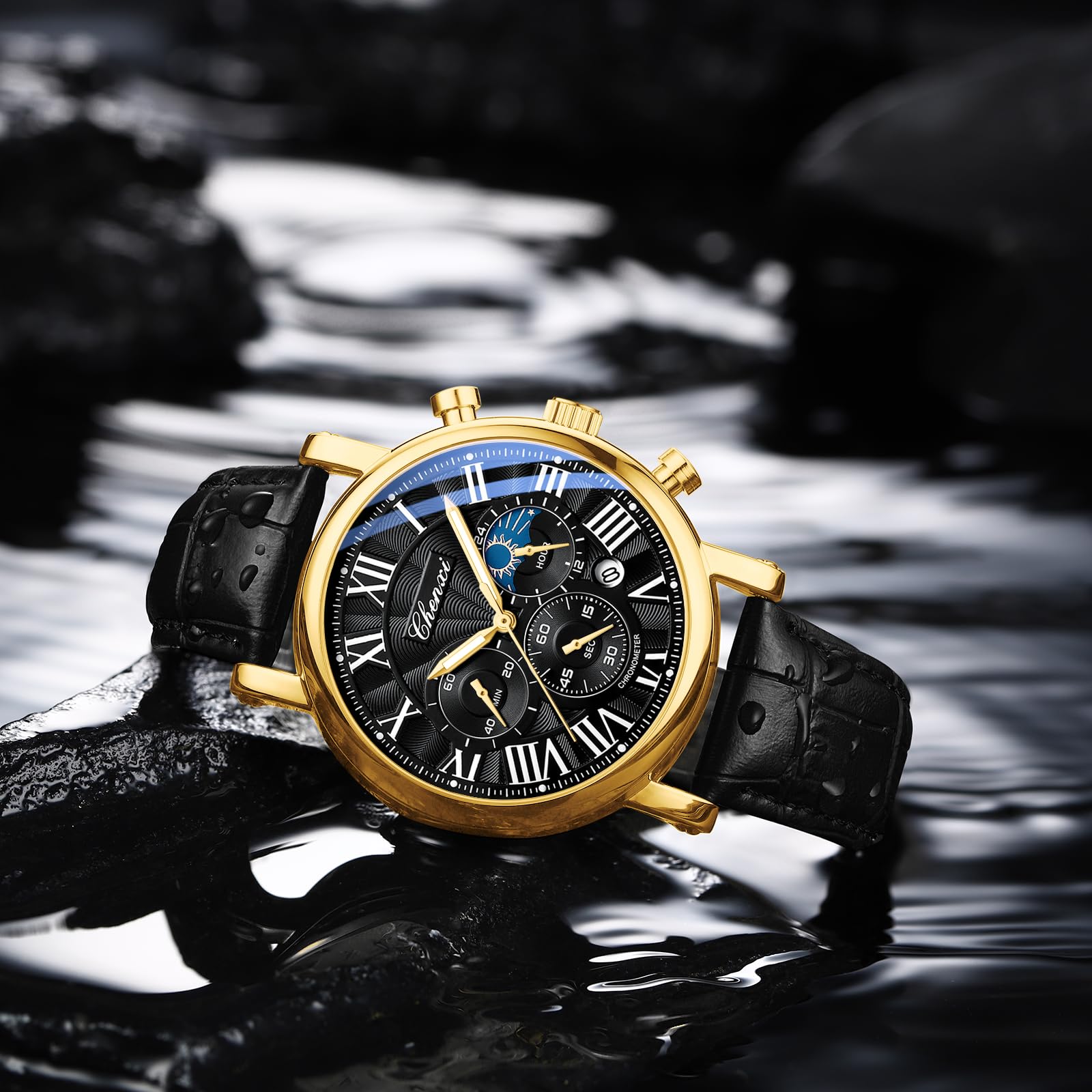 FANMIS Men's Classic Multifunctional Military Sports Analog Watch Business Dress Waterproof Luminous Chronograph Starry Sky Moon Phase Leather Wristwatch: X Gold Black