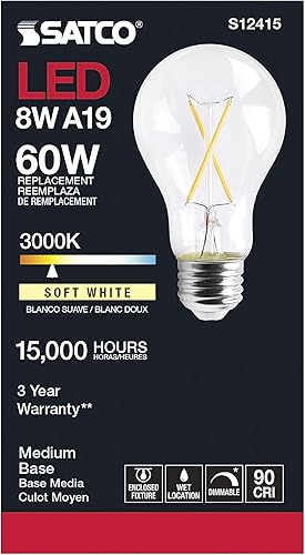 Miniatura 3 de Satco S12415-Bombillas LED A19 transparentes de 8 W, base media, 3000 K, 120 voltios (paquete de 6)