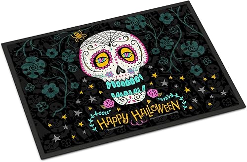 Caroline's Treasures VHA3035JMAT - Felpudo con el Día de los Muertos con Feliz Halloween, 24 x 36 pulgadas, para interiores y exteriores, para