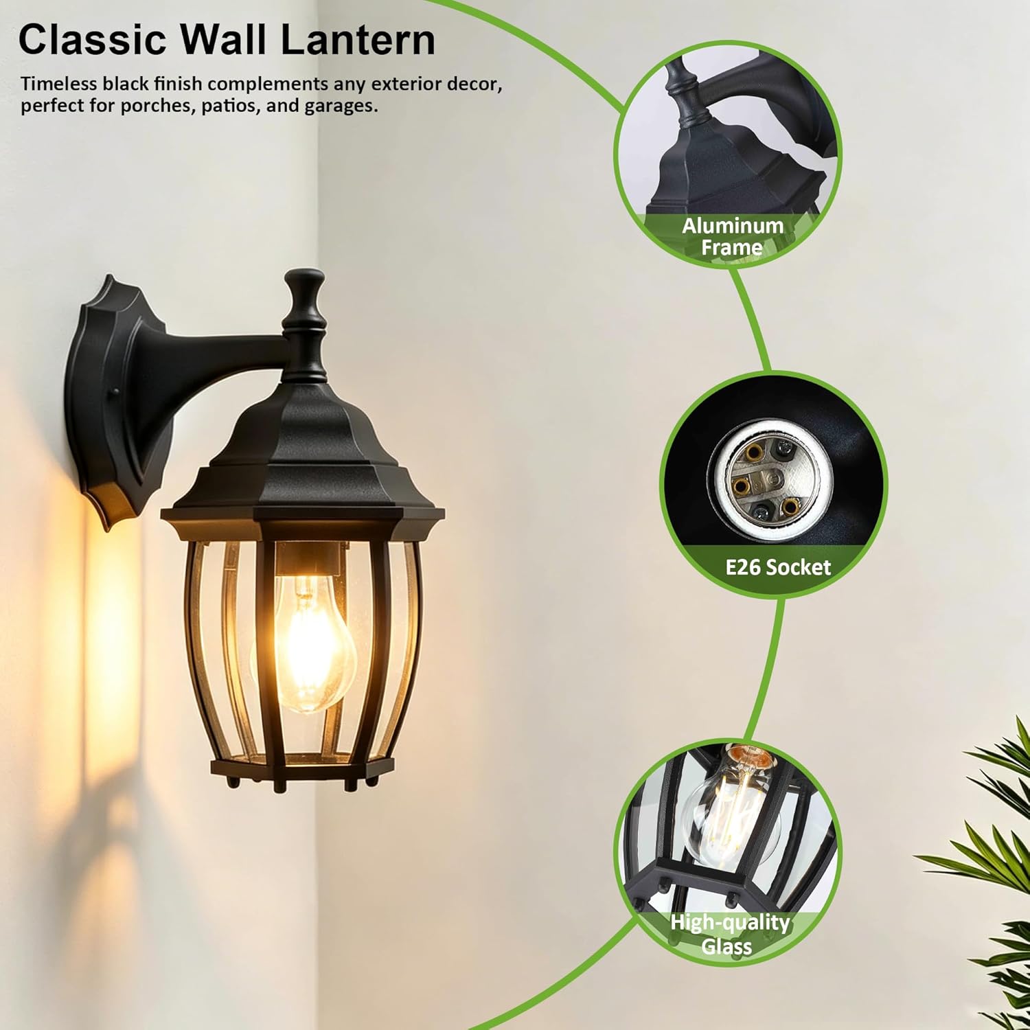 LIT-PaTH Outdoor Wall Lantern, Wall Sconce as Porch Lighting Fixture with E26 Medium Base Max 60W, Aluminum Housing with Glass Shade, Matte Black Finish