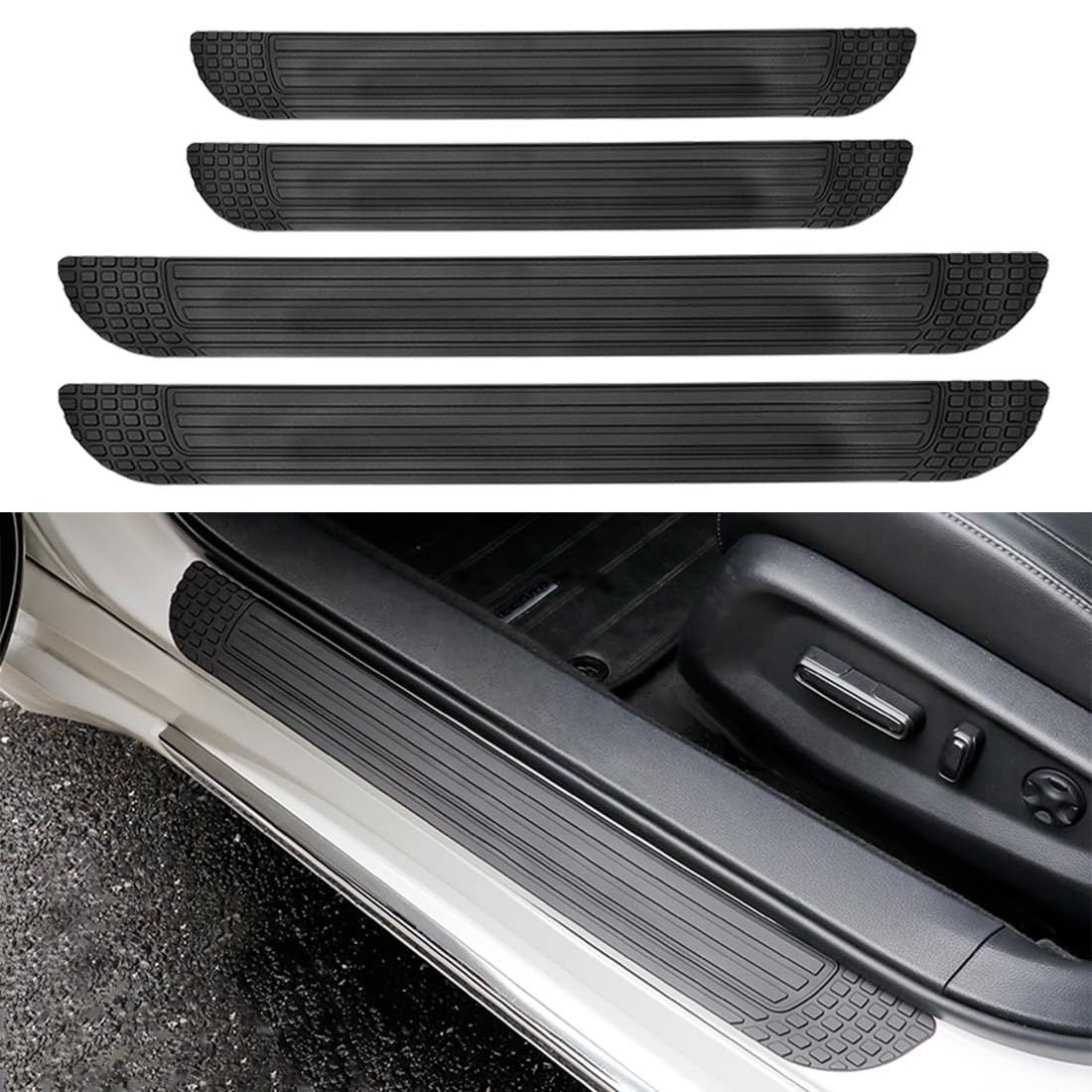 4 Pcs Car Door Sill Scuff Plate Cover,Upgraded Cuttable Car Door Threshold Protection,PVC Soft Rubber Car Front/Rear Door Sill Scuff Plate Guard,Welcome Pedal Protector Cover