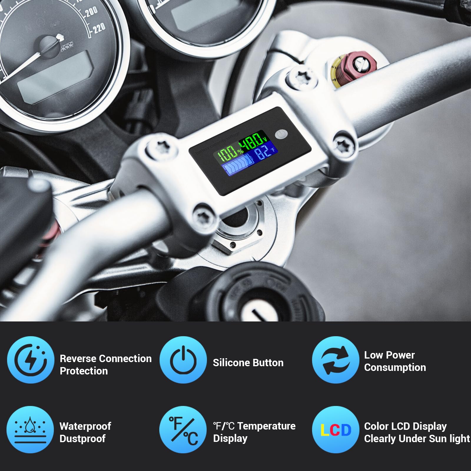 DROK Medidor de batería de 48 V, 10-100 V, capacidad de batería de vehículo recreativo, monitor de voltios, 12 V 24 V, indicador de temperatura Fahrenheit de la batería de litio