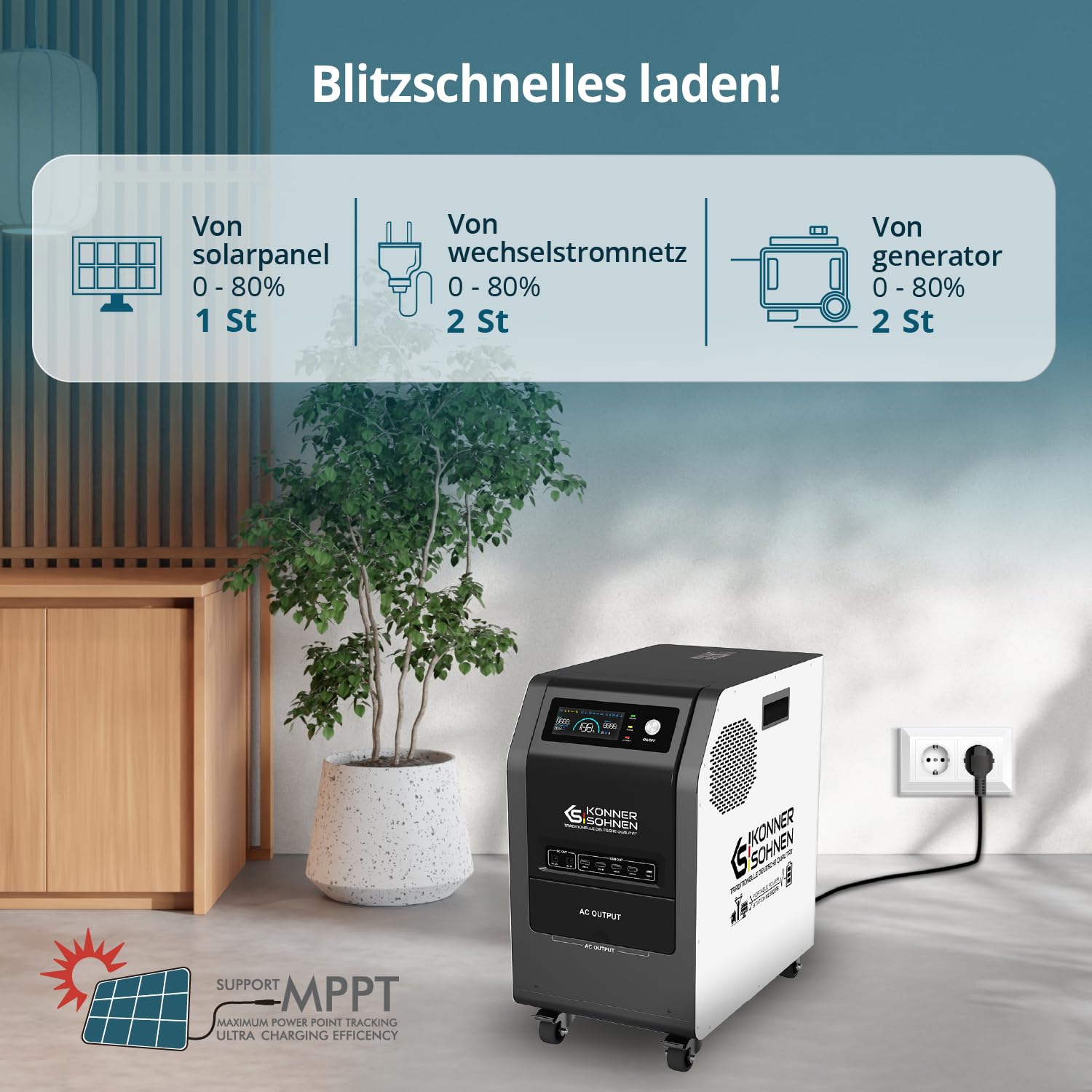 Przenośna stacja zasilania KS 3000 KM z wbudowaną baterią LiFePO4, moc znamionowa 3000 W, pojemność akumulatora 3072 Wh (120 Ah, 25,6 V), 230 V 50 Hz, 4 x USB-A 5 V, 1 x USB Type-C