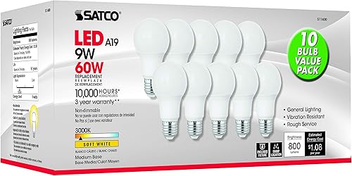 Satco S11400 9W A19 LED 3000 K base media extensión de haz de 360 grados 40 bombillas