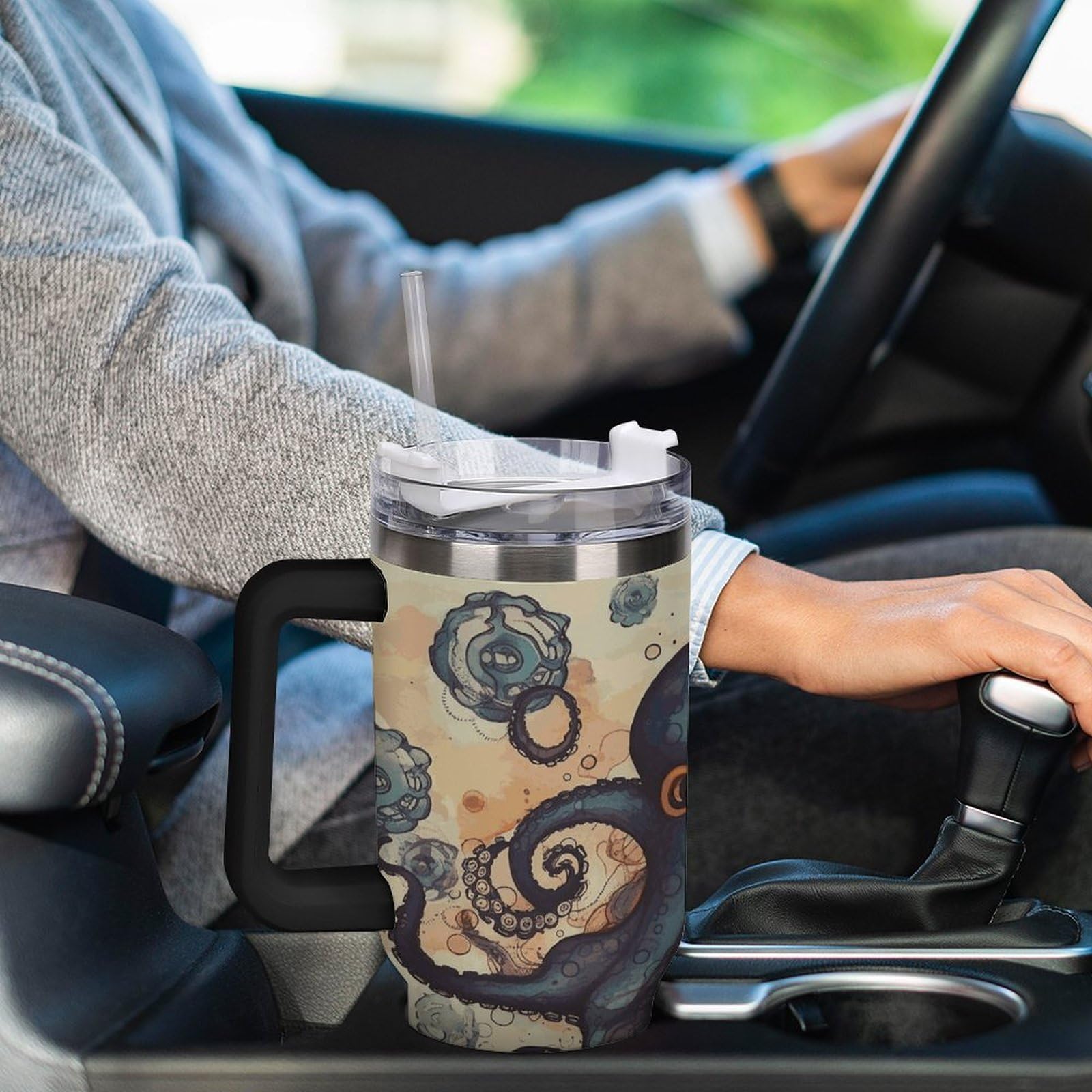 Retro-Oktopus-Tassen mit Strohhalm und Griff, doppelwandige Vakuumisolierung, Wasserflaschen für Eiskaffee, Tee, heiße und kalte Getränke