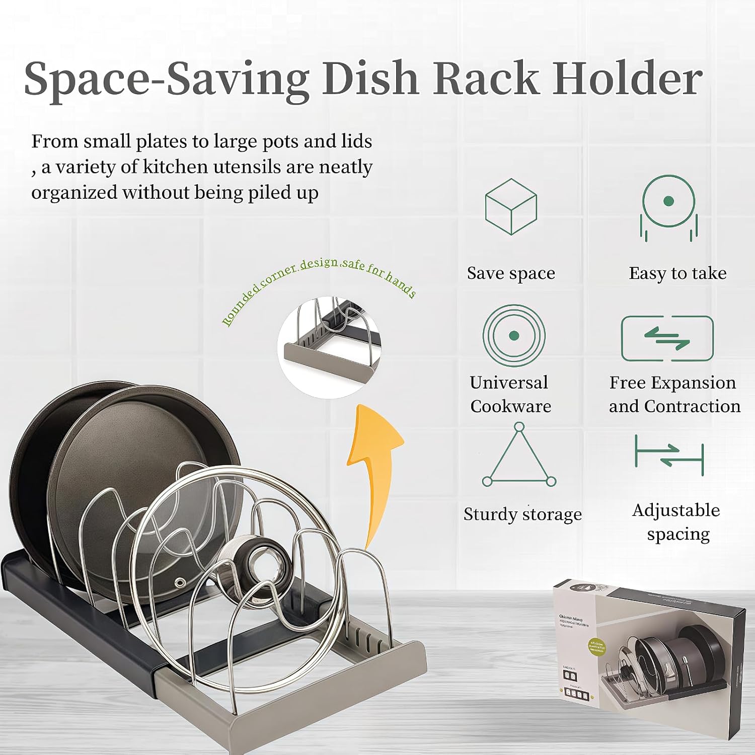 Lid Organizers Inside Cabinet Adjustable, Kitchen Pot lid Organizer for Bowls, Lids, Cutting Boards, Tableware, Dish Storage Rack for cabinets, Drawers, countertops & Sinks