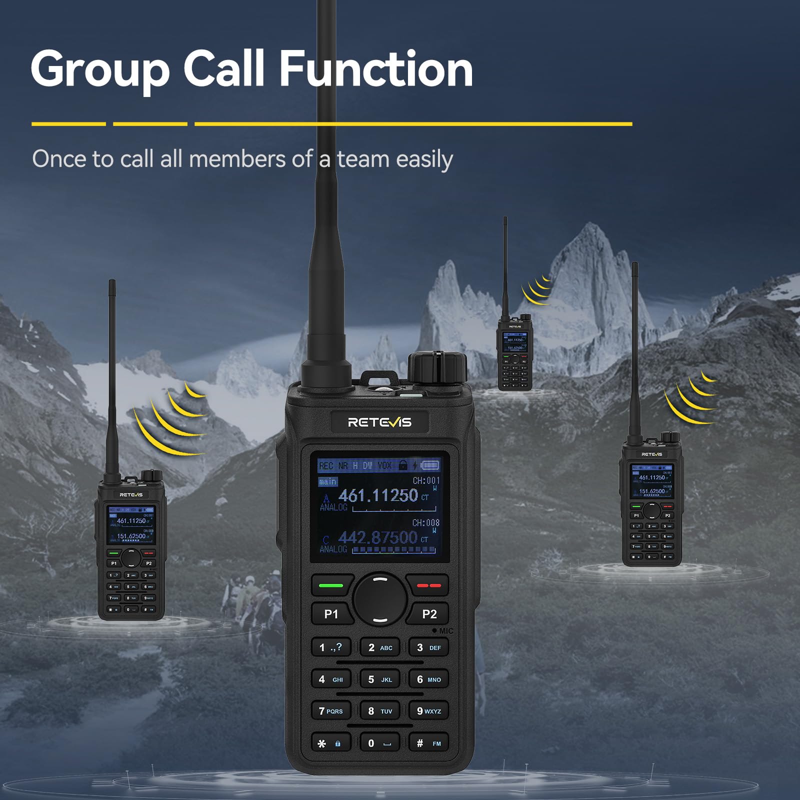 Retevis C62 Walkie Talkie Lungo Raggio, Professionali Ham Radio Bibanda, Display LCD, 2000mAh, Walkie Talkie Ricaricabili per Adulti, per Escursionismo/Caccia/Campeggio (Nero, 1 Pezzo)