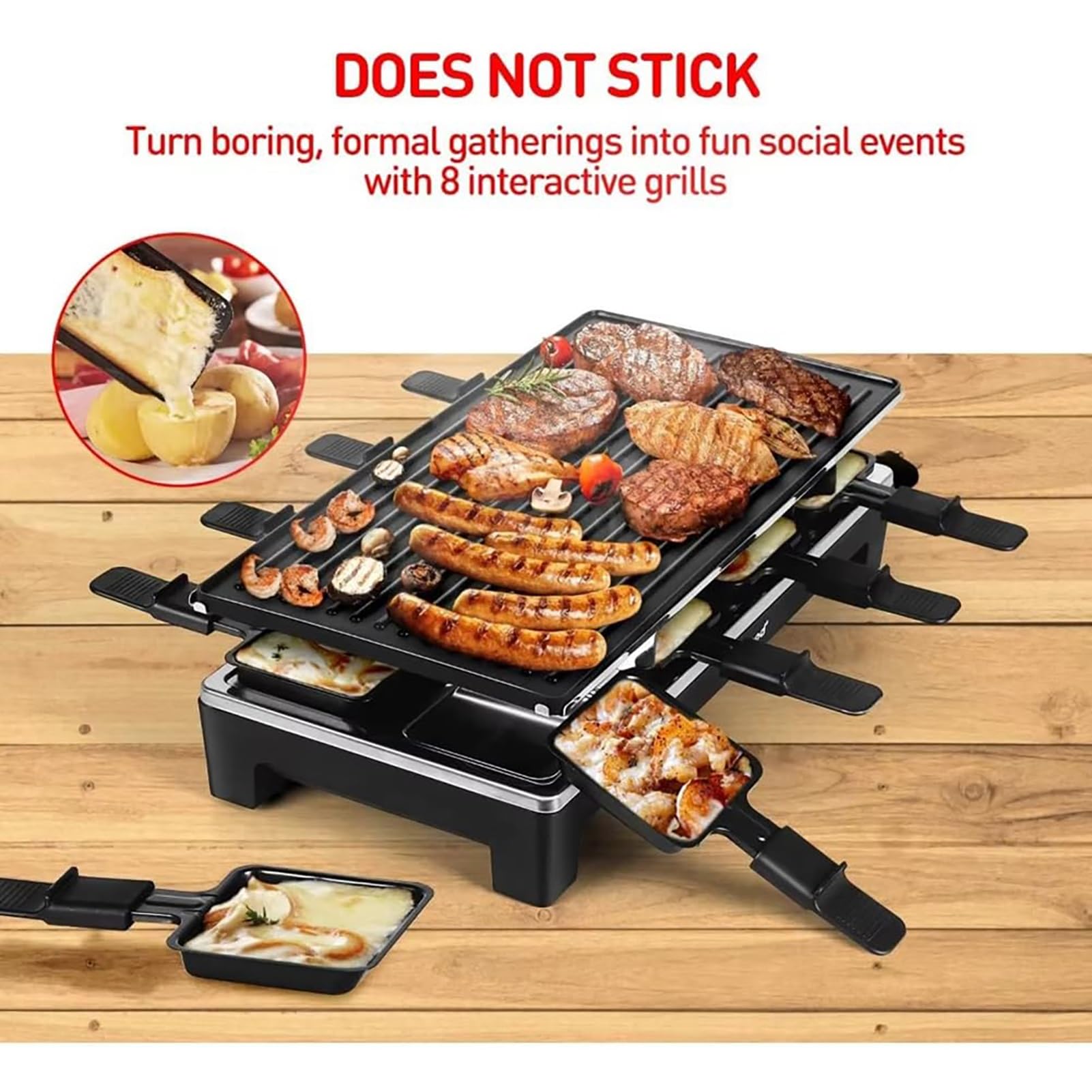 Gril électrique antiadhésif for 8 personnes, pierre à raclette 2 en 1, gril de fête à raclette, gril électrique sans fumée à température réglable de 1 500 W, avec 8 moules à fromage et 2 spatules
