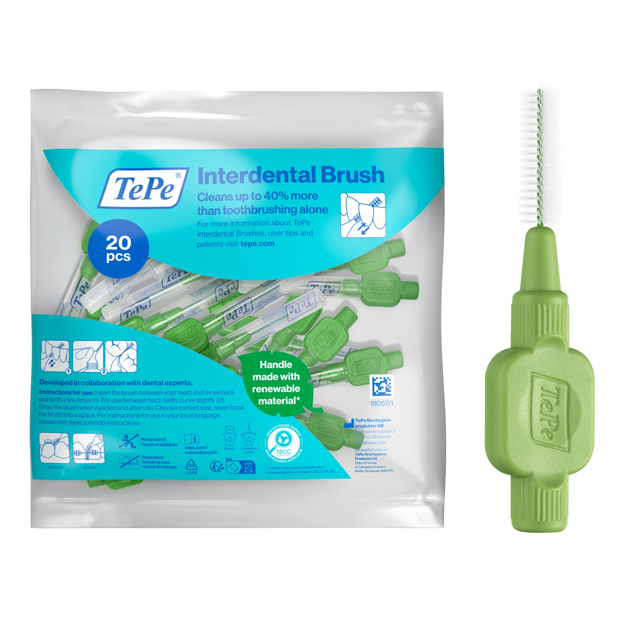 Interdental Brush, Original, Green, 0.8mm/ISO 5, 20pcs, efficient Cleaning Between Teeth, Plaque Remover and Dental flosser for Small Gaps